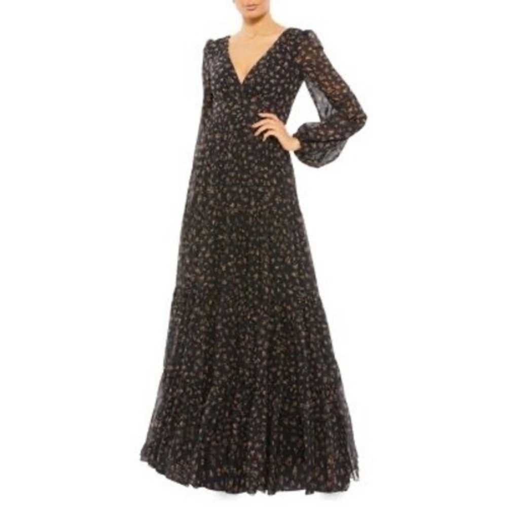 Ieena for Mac Duggal NEW Floral Tiered Long Sleeve Gown Black Multi 55431 Size 4